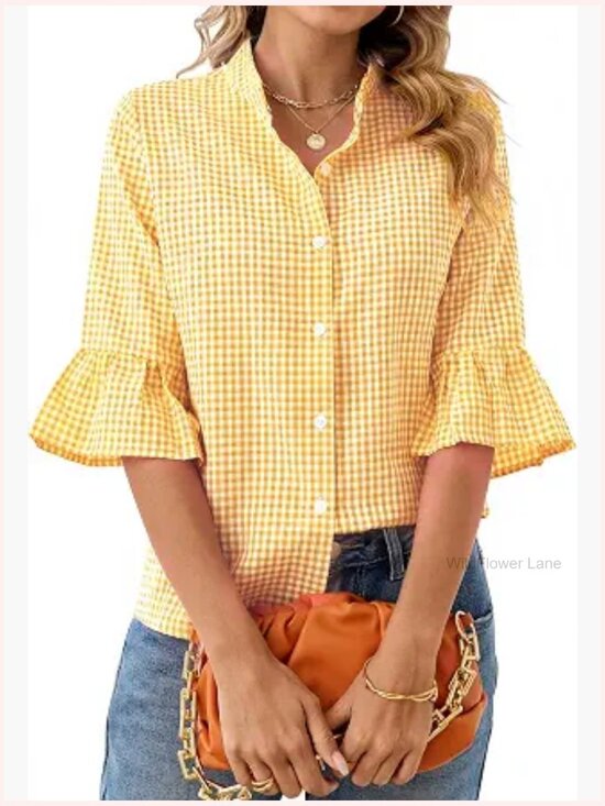Tops - Button Down Checkered 3/4 Ruffle Sleeve Mandarin Collar Blouse